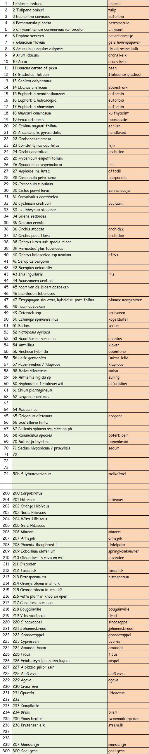 De lijst met de namen van de bloemen